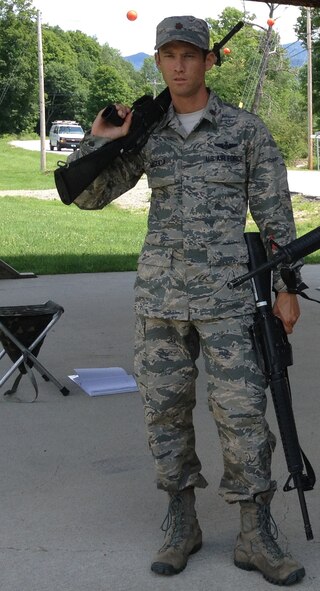 Maj. Mike Masuda, C-17 pilot with the 313th Airlift Squadron, poses for a photo while qualifiying for Team USA Military last year at Camp Ethan Allen Training Site in Vermont. Masuda made the team and subsequently won the gold medal in the novice category of the Interallied Confederation of Reserve Officers, or CIOR, Military Competition. He will compete in the experienced category of the military pentathlon competition this year Aug. 3-9 in Shumen, Bulgaria.