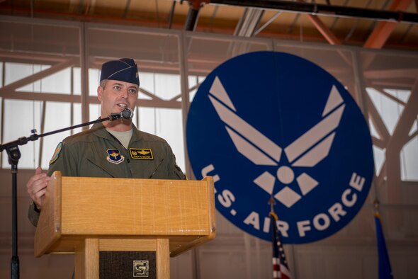 Lt. Col. Andrew Caggiano, 314th Fighter Squadron commander, addresses his Airmen, family and friends at the activation of the 314th FS at Holloman Air Force Base, N.M., on July 14. The 54th Fighter Group, a detachment of the 56th Fighter Wing at Luke Air Force Base, Ariz., activated the 314th Fighter Squadron here. Their mission is to produce the world’s greatest F-16 Fighting Falcon fighter pilots and deploy combat mission ready Airmen. The 314th FS was first activated July 6, 1942. During that time, the unit deployed to serve with Ninth Air Force in Egypt, where it took part in the Western Desert Campaign of World War II. Today’s 314th FS will train the next generation of F-16 Fighting Falcon pilots over the Holloman and White Sands Missile Range training ranges. (U.S. Air Force photo by Senior Airman Aaron Montoya)