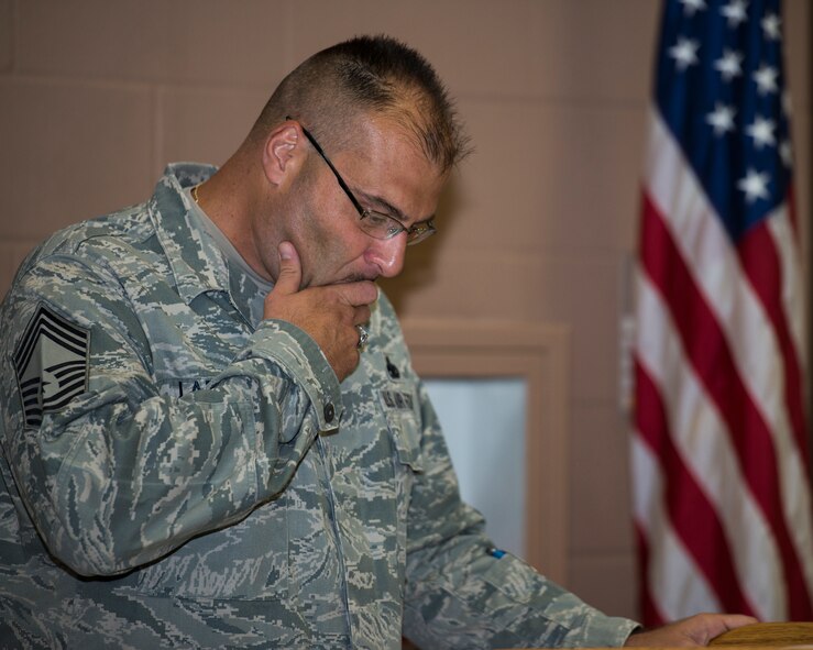 Chief Master Sgt. Raymond Lapham, 363rd Training Squadron superintendent, provides closing remarks for a room dedication to Kent “Doc” Salvage at Sheppard Air Force Base, Texas, July 14, 2015. Salvage passed away due to a heart attack and is buried in Arlington National Cemetery, Va. (U.S. Air Force photo by Senior Airman Kyle Gese/Released)