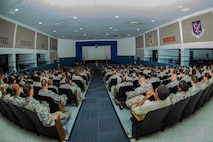 Team Moody members listen during the Enlisted Evaluation System Roadshow’s all-call July 13, 2015, at Moody Air Force Base, Ga. During their visit, the experts hosted a breakfast social, executive briefing and two base wide all-calls. The EES experts spoke about the changes being implemented and the reasons and philosophy behind the changes. (U.S. Air Force photo by Airman 1st Class Ceaira Tinsley/Released)