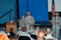 U.S. Air Force Chief Master Sgt. Steve McDonald, Air Combat Command command chief, answers questions during the Enlisted Evaluation System Roadshow July 13, 2015, at Moody Air Force Base, Ga. The team featured experts from Headquarters Air Force and the Air Force Personnel Center who addressed Airmen’s concerns about the changes being implemented. (U.S. Air Force photo by Airman 1st Class Ceaira Tinsley/Released)