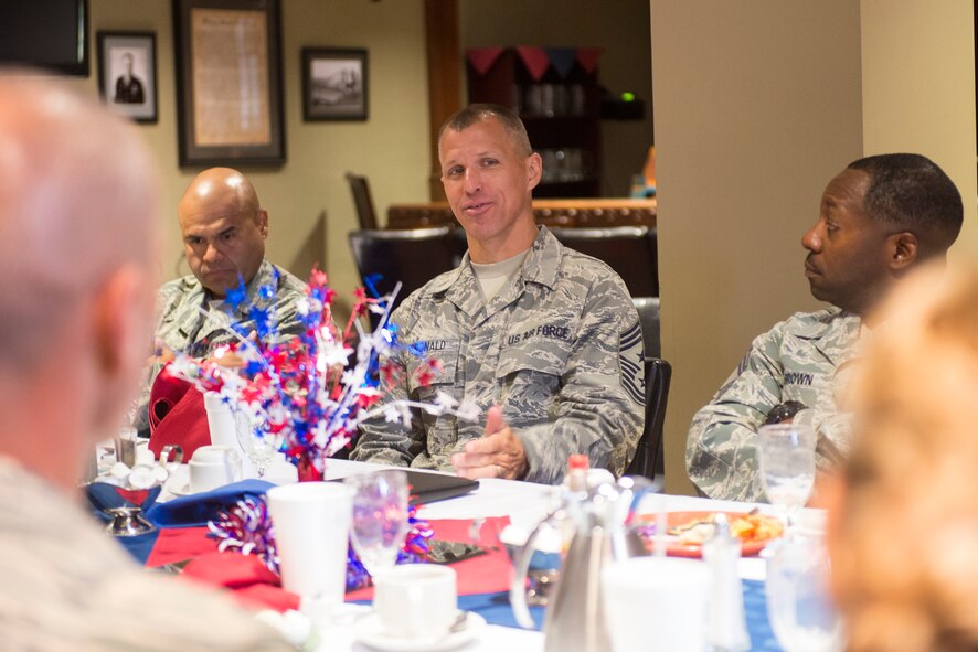 U.S. Air Force Chief Master Sgt. Steve McDonald, Air Combat Command command chief, speaks with Moody’s chiefs during the Enlisted Evaluation System roadshow visit July 13, 2015, at Moody Air Force Base, Ga. McDonald spoke about the importance of the changes made to the enlisted evaluation system and how it will affect enlisted Airmen. (U.S. Air Force photo by Airman 1st Class Ceaira Tinsley/Released)