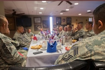 Moody’s chiefs address concerns with U.S. Air Force Chief Master Sgt. Steve McDonald, Air Combat Command command chief, at a breakfast social during the Enlisted Evaluation System roadshow July 13, 2015, at Moody Air Force Base, Ga. McDonald stated that within the new enlisted performance report system the most important component will be an Airman’s job performance. (U.S. Air Force photo by Airman 1st Class Ceaira Tinsley/Released)