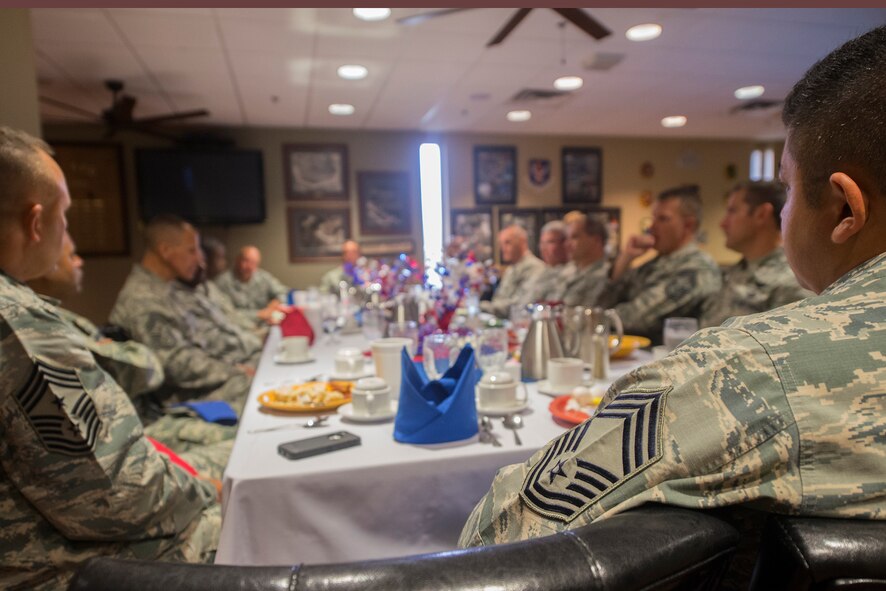 Moody’s chiefs address concerns with U.S. Air Force Chief Master Sgt. Steve McDonald, Air Combat Command command chief, at a breakfast social during the Enlisted Evaluation System roadshow July 13, 2015, at Moody Air Force Base, Ga. McDonald stated that within the new enlisted performance report system the most important component will be an Airman’s job performance. (U.S. Air Force photo by Airman 1st Class Ceaira Tinsley/Released)