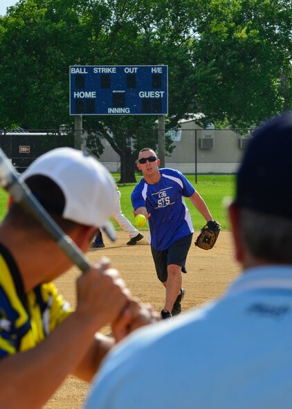 Adam Paini, 436th Security Forces Squadron pitcher, pitches a softball to a 436th Aircraft Maintenance Squadron player, during an intramural softball game July 6, 2015, at the softball field on Dover Air Force Base, Del. This is Paini’s first year pitching for the 436th SFS and he tossed two strike outs during the game. (U.S. Air Force photo/Airman 1st Class William Johnson)