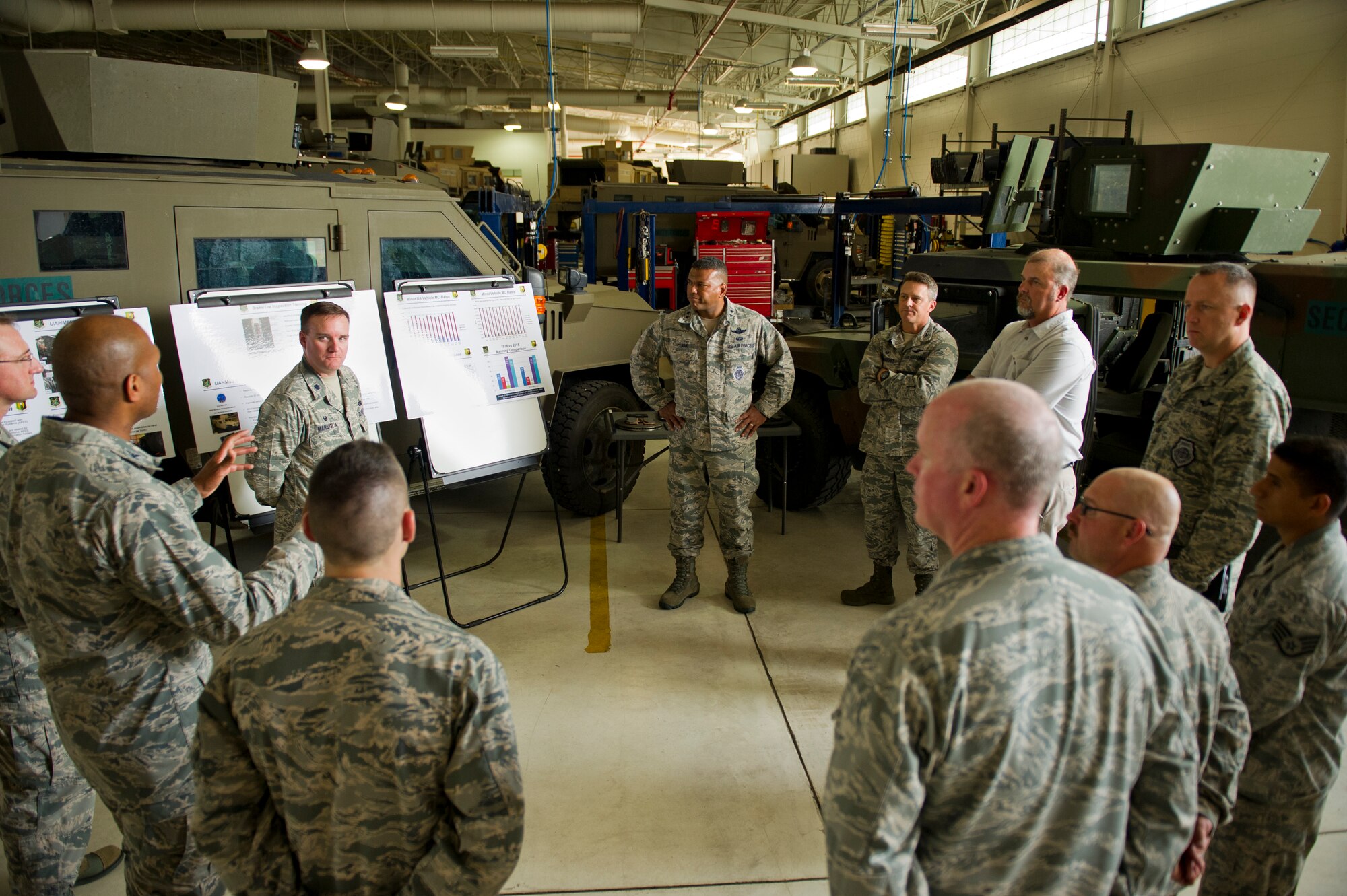 Maj. Gen. Richard Clark, Eighth Air Force commander, is briefed by Col. Roy Collins, 5th Mission Support Group commander at Minot Air Force Base, N.D., July 13, 2015. During his first visit as 8 AF CC, Clark visited several units and hosted an all-call during his trip. (U.S. Air Force photo/Justin T. Armstrong)