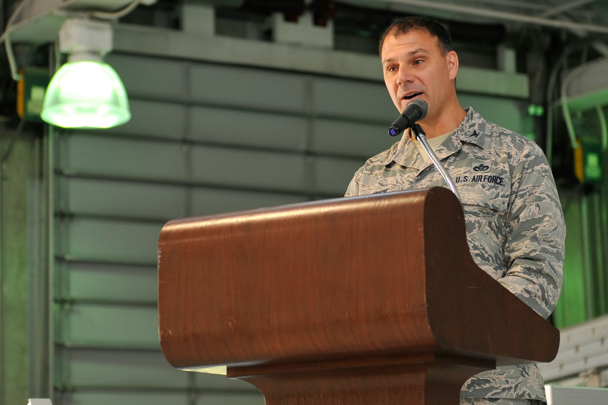 U.S. Air Force Col. Matthew Joganich, 55th Mission Support Group commander, speaks during the change of command ceremony July 14. Joganich arrives to Offutt from Al Udeid Air Base, Qatar, where he served as Air Forces Central’s director of installations. (Photo by Jeff Gates)
