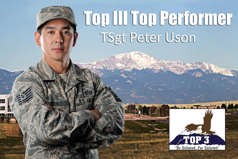 Each month the Schriever Air Force Base Top III honors a Top Performer.  The Top Performer award highlights the superior efforts and contributions of our junior enlisted members from across the base.

Tech. Sgt. Peter Uson, 50th Civil Engineer Squadron, earned the June Top III Top Performer of the month awar.  As the non-commissioned officer in charge of Heating, Ventilation, and Air Conditioning, Uson manages a mix of civilian and military technicians on a daily basis. His remarkable skills and management led to the simultaneous completion of two high priority HVAC outages at Building 300 and 50th Space Wing headquarters. Specifically, Uson and his team repaired numerous leaks, corrected control panel issues, replaced flow sensors and repaired damaged duct work helping to bring the temperature down in facilities to a comfortable level. The HVAC technicians here on Schriever are seldom seen, but they impact this base in a huge way. Whether it is mission facilities requiring additional cooling for equipment or resolving an issue with warm offices, he and his team are by far the unsung heroes of Schriever Air Force Base. 
