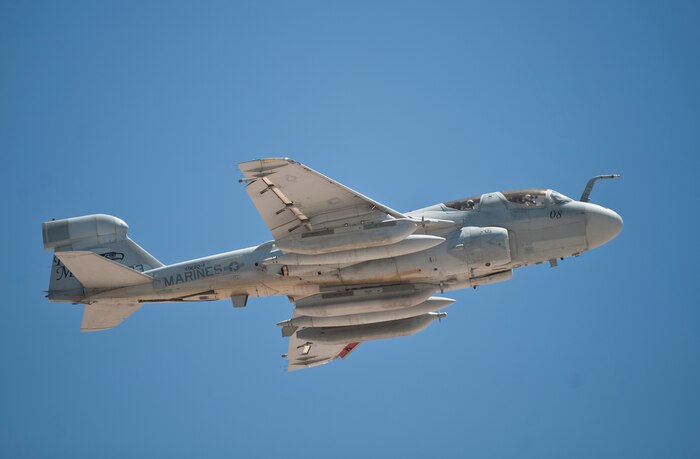 An EA-6B Prowler assigned to Marine Tactical Electronic Warfare Squadron 4, Marine Corps Air Station Cherry Point, N.C., flies during a Red Flag 15-3 sortie at Nellis Air Force Base, Nev., July 13, 2015. Red Flag provides realistic combat training in a contested, degraded and operationally-limited environment. (U.S. Air Force photo by Staff Sgt. Siuta B. Ika)