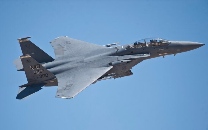 An F-15E Strike Eagle assigned to Mountain Home Air Force Base, Idaho, flies during a Red Flag 15-3 sortie at Nellis Air Force Base, Nev., July 13, 2015. The 366th Fighter Wing, assigned to Mountain Home AFB, is the lead wing of Red Flag 15-3 which is designed to provide a series of intense air-to-air combat scenarios for aircrew and ground personnel which will increase their combat readiness and effectiveness for future real-world missions. (U.S. Air Force photo by Staff Sgt. Siuta B. Ika)