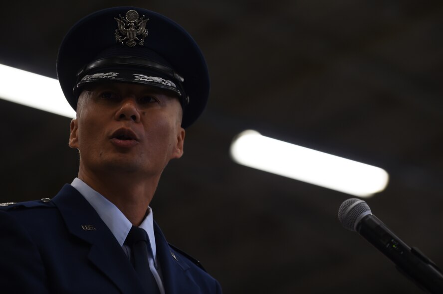 Col. Young Yu, 423rd Air Base Group commander, addresses 501st Combat Support Wing Airmen after assuming command of the group during a ceremony at RAF Molesworth, United Kingdom, July 14, 2015. Yu challenged the group to improve on its already-existing culture of innovation. (U.S. Air Force photo by Staff Sgt. Jarad A. Denton/Released)