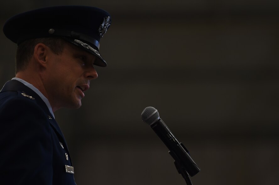 Col. Kevin Cullen, 501st Combat Support Wing commander, speaks during the 423rd Air Base Group change of command ceremony at RAF Molesworth, United Kingdom, July 14, 2015. During the ceremony, Airmen from the nation’s only combat support wing welcomed Col. Young Yu as commander of the 423rd ABG. (U.S. Air Force photo by Staff Sgt. Jarad A. Denton/Released)