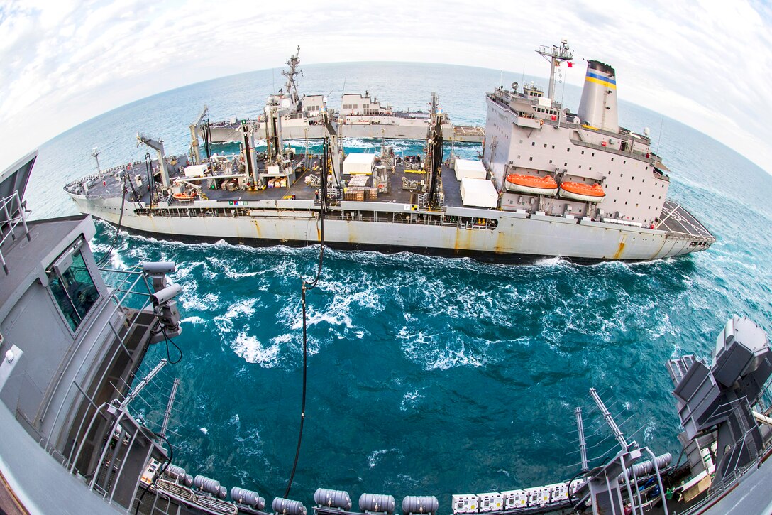 The Military Sealift Command Fleet replenishment oiler USNS Rappahannock, center, conducts a replenishment-at-sea with the Arliegh Burke-class guided-missile destroyer USS Mustin, top, and the Nimitz-class aircraft carrier USS George Washington during Talisman Sabre 2015 in Timor Sea, July 6, 2015. The bilateral exercise demonstrates the strong Australian-U.S. alliance and military relationship.