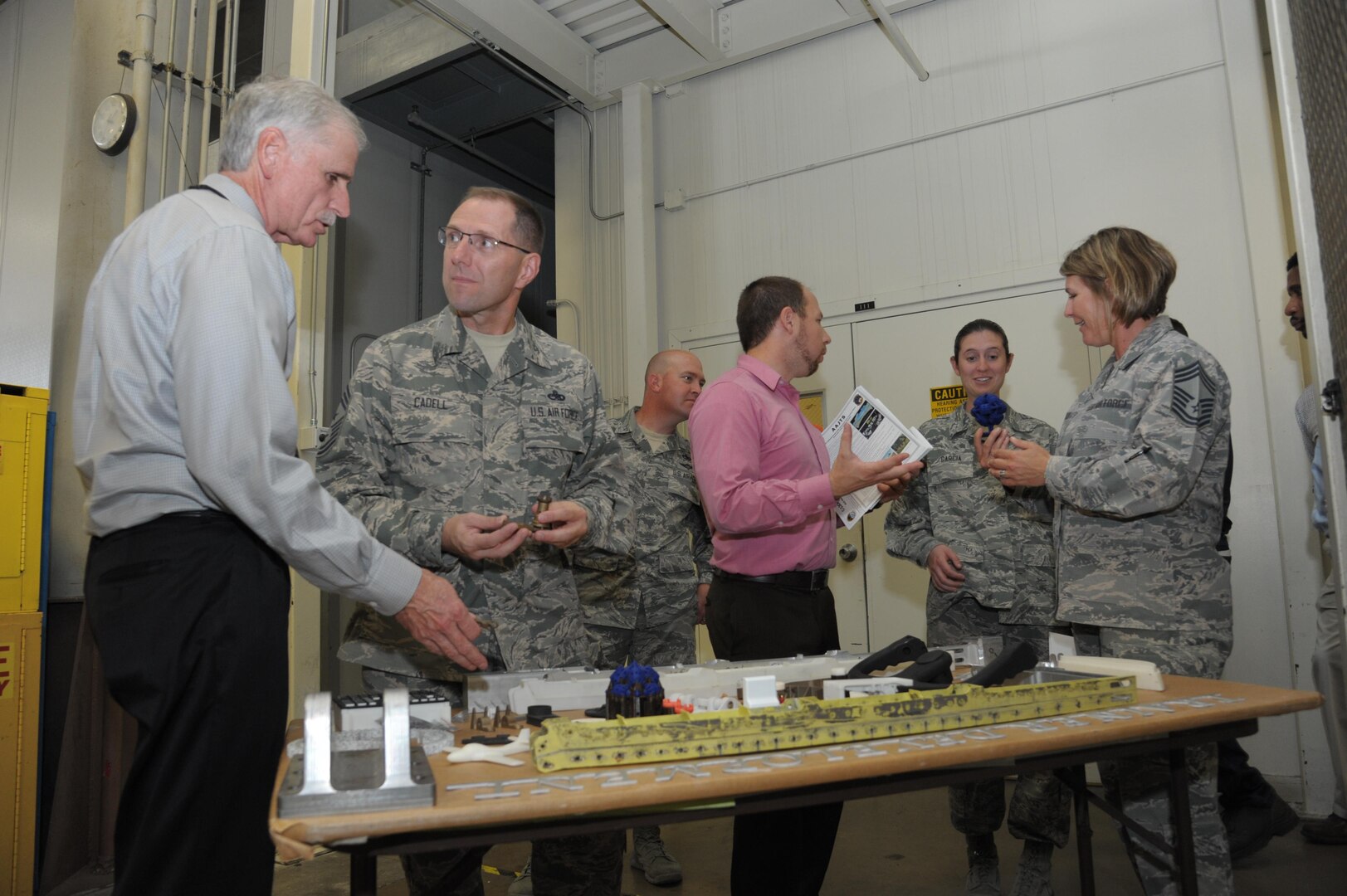 Chief Master Sgt. Stanley Cadell, 502nd Air Base Wing and Joint Base San Antonio command chief, tours JBSA-Randolph facilities July 13, 2015. Cadell serves as principal advisor to the commander for installation support functions to three primary locations (JBSA-Fort Sam Houston, JBSA-Randolph and JBSA-Lackland), supporting 90,000 military and civilian employees within the largest single installation support enterprise in the Department of Defense. U.S. Air Force photo by Joel Martinez/Released)
