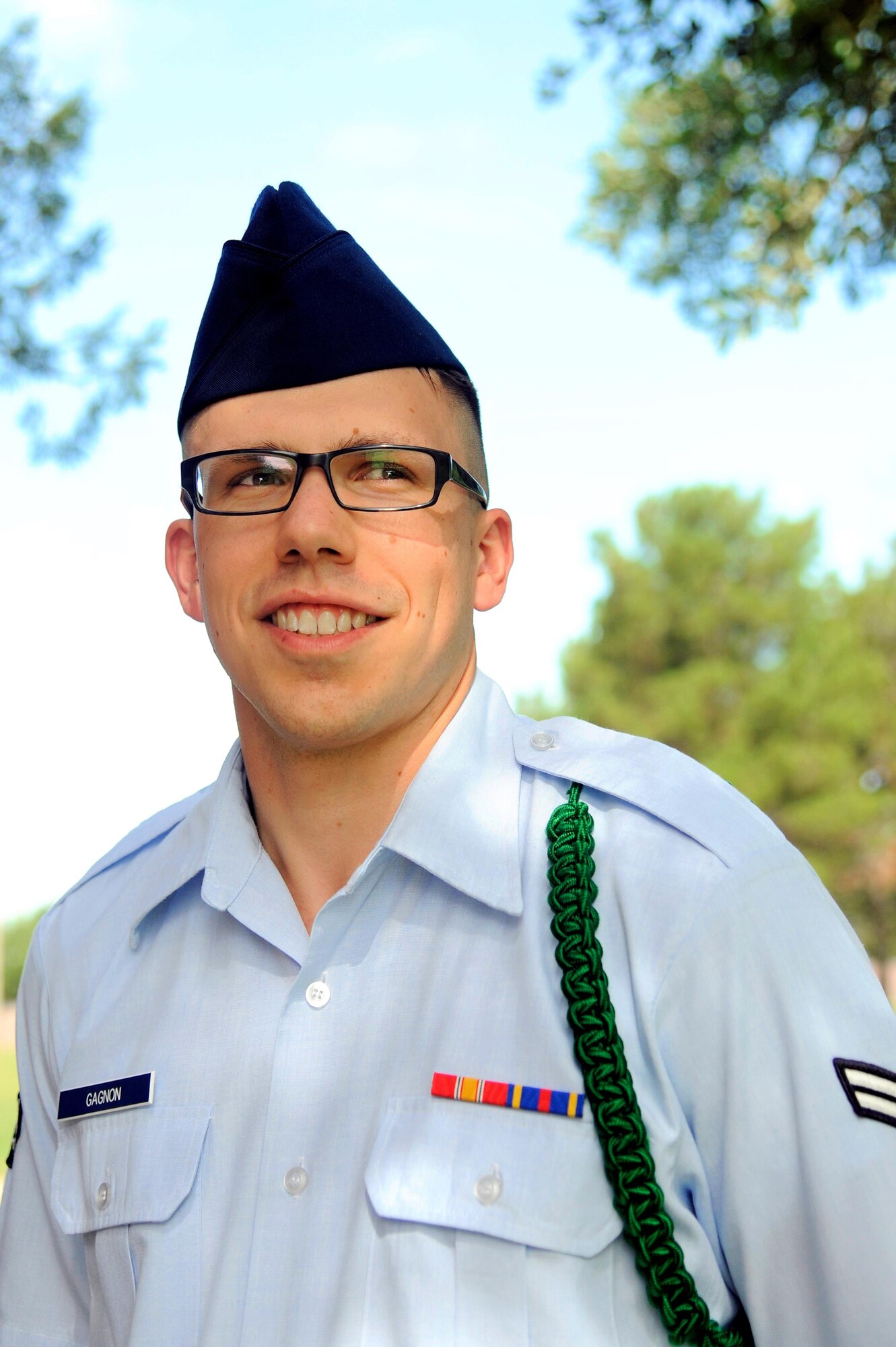 U.S. Air Force Airman 1st Class Alan Gagnon, 315th Training Squadron student, poses for a photo on Goodfellow Air Force Base, Texas, July 10, 2015. Gagnon is the newest 17th Training Group student of the month spotlight, a series highlighting Team Goodfellow students. (U.S. Air Force photo by Tech. Sgt. Austin Knox/Released)