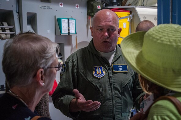 Master Sgt. Chris Fabel talks with visitors at Royal Naval Air Station Yeovilton International Air Day July 11, 2015. Recognized for “Best Static Display” at the air show, Airmen from the 315th Airlift Wing at Joint Base Charleston, S.C. delivered military pride, strength and technology with a C-17 and gave tours of the aircraft to more than 2,000 people. The air show marked 75 years of existence for RNAS Yeovilton and provided the 315th AW an international stage to showcase its Airmen, aircraft and partnership with the United Kingdom. Fabel is a flying crew chief with the 315th Aircraft Maintenance Squadron. (U.S. Air Force photo by Tech. Sgt. Shane Ellis)
