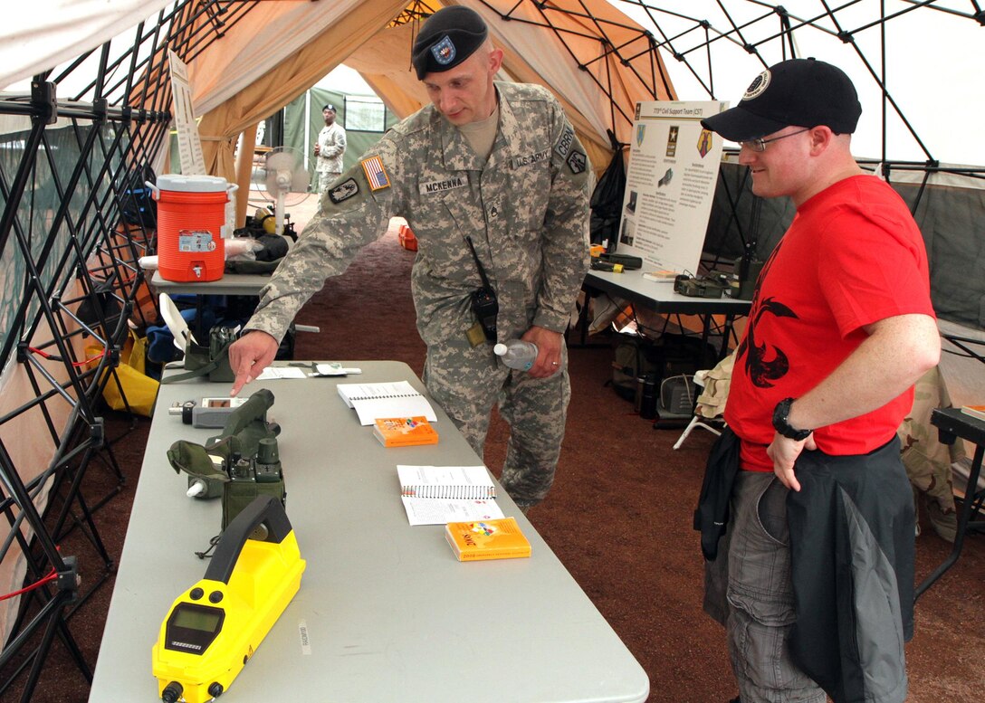 Staff Sgt. Shawn McKenna, a U.S. Army Reserve Soldiers from the 773rd Civil Support Team, explained to German visitors how Soldiers in his unit are experts in reacting to chemical, biological and radiological incidents at the Rheinland-Pfalz Tag state fair June 28, 2015 in Ramstein. Germany. . (Photo courtesy 221st Public Affairs Detachment)