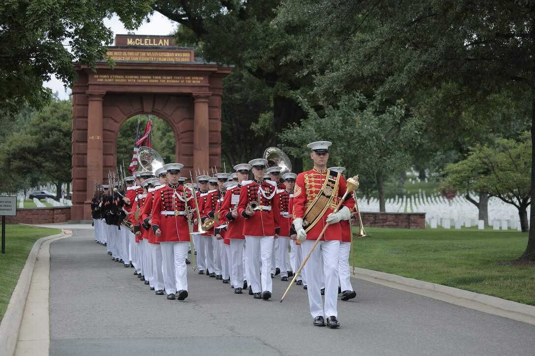 On July 15, 2015, the Marine Band performed for a funeral at Arlington National Cemetery in Virginia. (U.S. Marine Corps photo by Master Sgt. Kristin duBois/released)