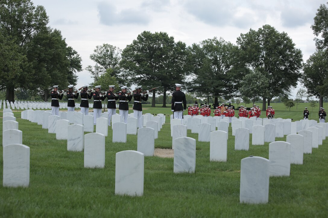 On July 15, 2015, the Marine Band performed for a funeral at Arlington National Cemetery in Virginia. (U.S. Marine Corps photo by Master Sgt. Kristin duBois/released)