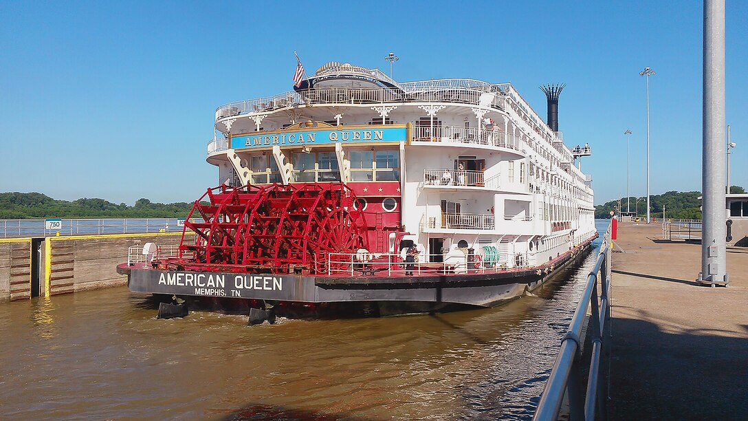 The American Queen riverboat departs Newburgh Locks and Dam on the Ohio River. 