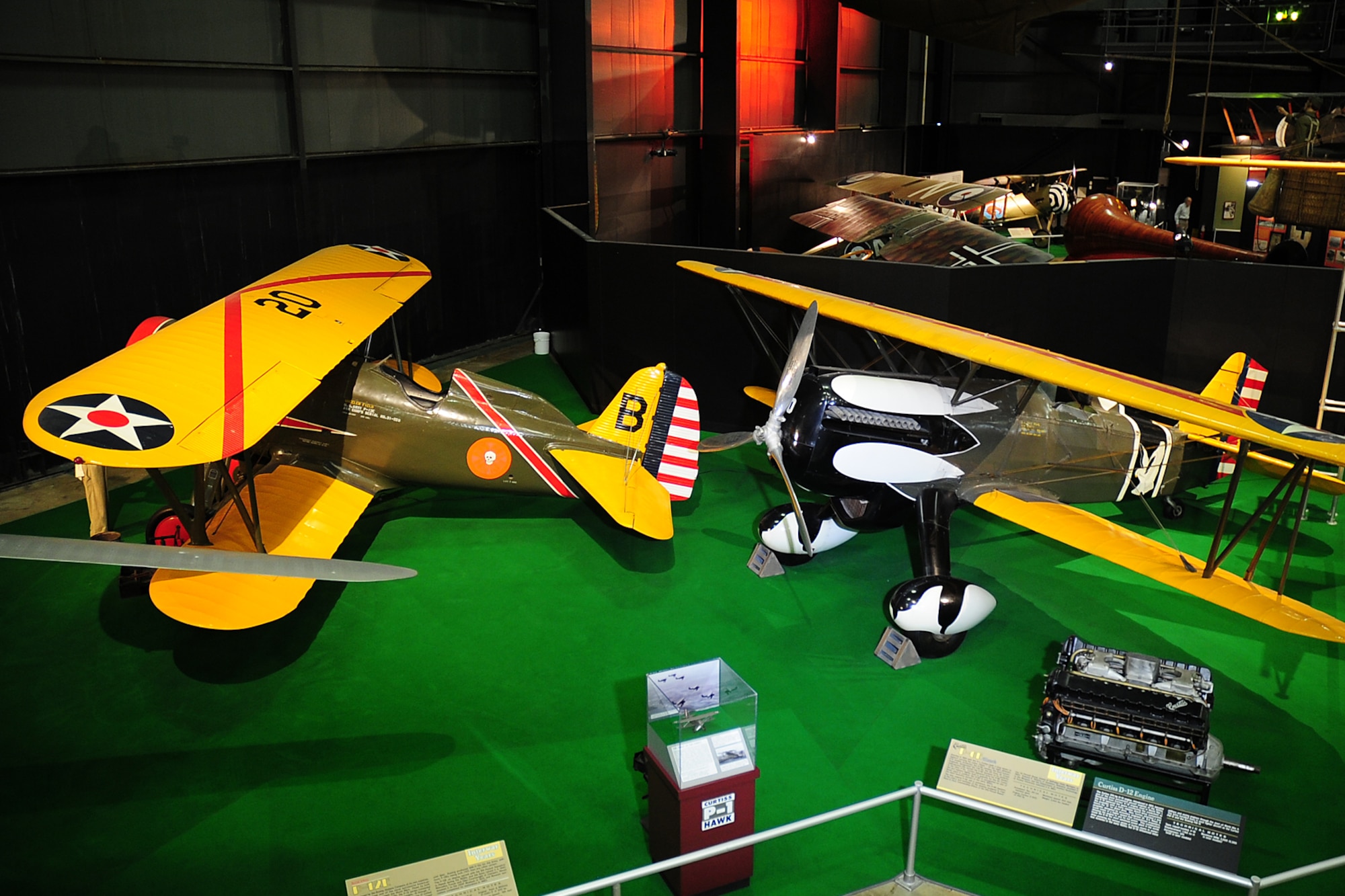 DAYTON, Ohio -- Boeing P-12E(left) and the Curtiss P-6E Hawk(right) in the Early Years Gallery at the National Museum of the United States Air Force. (U.S. Air Force photo)