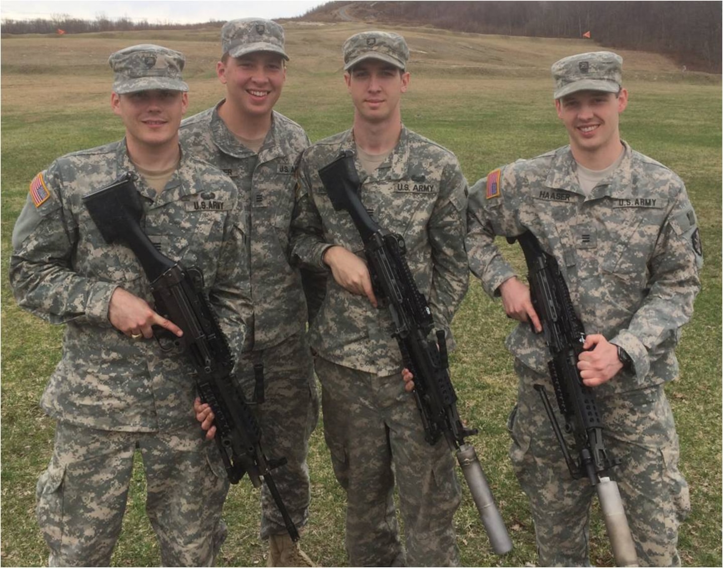 Winners of the 2015 Massachusetts Institute of Technology West Point Soldier Design Competition, from left, are 2nd. Lt. Connor Mcleod, 2nd Lt. Chris Kolster, 2nd Lt. Matt Shoenberger and 2nd Lt. Conor Haaser.  The team created a functional suppressor for the M249 Squad Automatic Weapon, aimed at reducing the auditory and visual signature of the weapon in combat. 