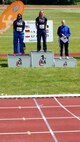 Airman 1st Class Jessica Johnson, 4th Aerospace Medicine Squadron public health technician, stands on a podium with fellow competitors after the shot put competition at the 2015 Headquarters Aircom Inter-Nation Athletics Championship in Amsterdam May 27, 2015, Johnson finished in second place individually and first overall with the U.S. Air Force Europe women’s team. (Courtesy photo)