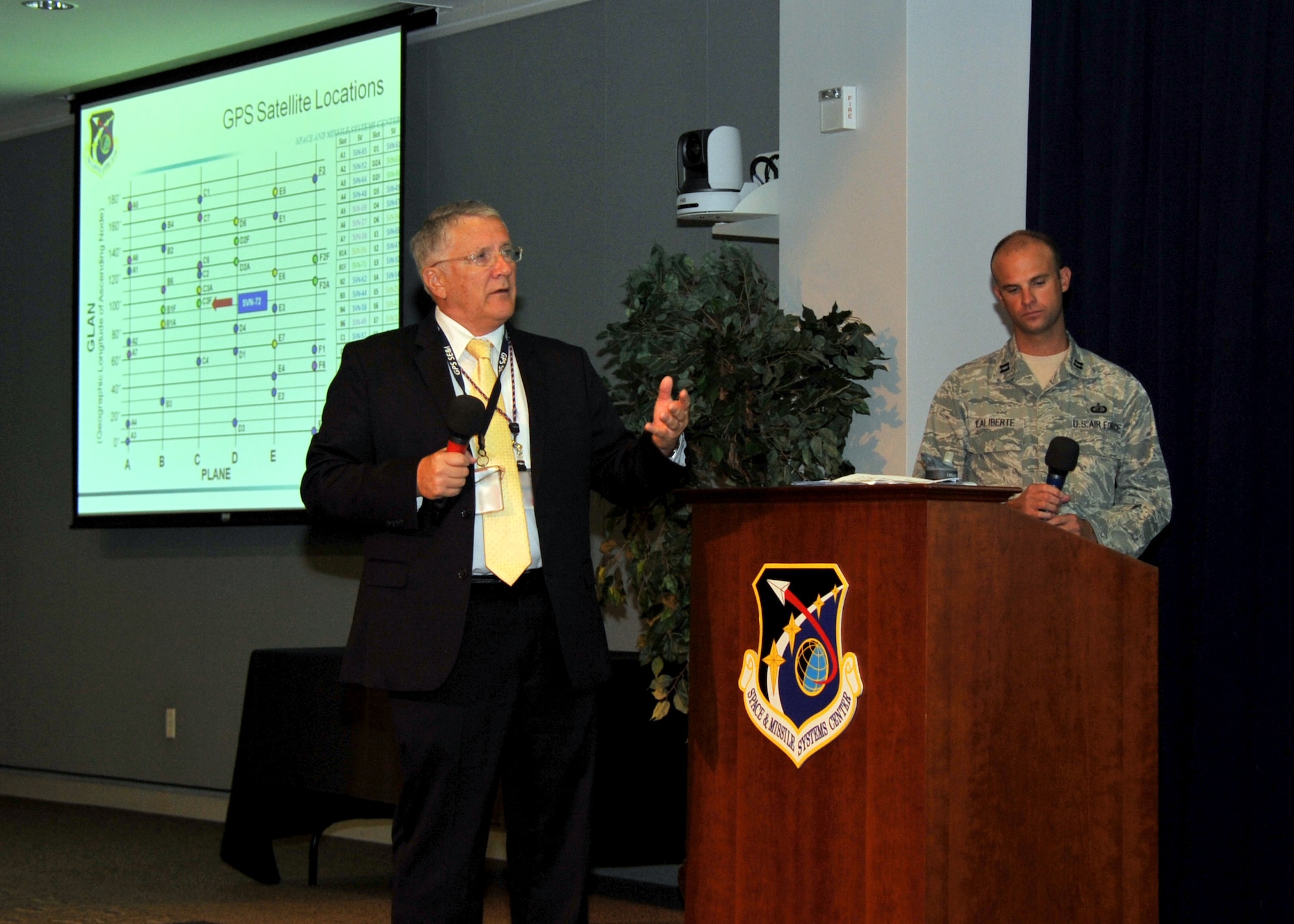 R. Bruce Lagatree, GPS System Engineering and Integration Program principal systems engineer for Leidos, previously known as Science Applications International Corporation and Capt. Nick Laliberte, Government Mission Integration Manager from the Space and Missile Systems Center’s Launch Systems Directorate provides a pre-launch briefing to an audience of more than 150 SMC personnel in the Gordon Conference Center at Los Angeles Air Force Base in El Segundo, Calif. On July 15, 2015, a United Launch Alliance Atlas V in the “401” vehicle configuration of a four-meter-wide payload fairing, zero solid rocket boosters and a single engine upper stage successfully carried a GPS IIF-10 satellite into orbit at 11:36 a.m. EDT from Launch Complex 41 at Cape Canaveral Air Force Station in Florida for the Global Positioning System navigation network. (U.S. Air Force photo/Sarah Corrice)