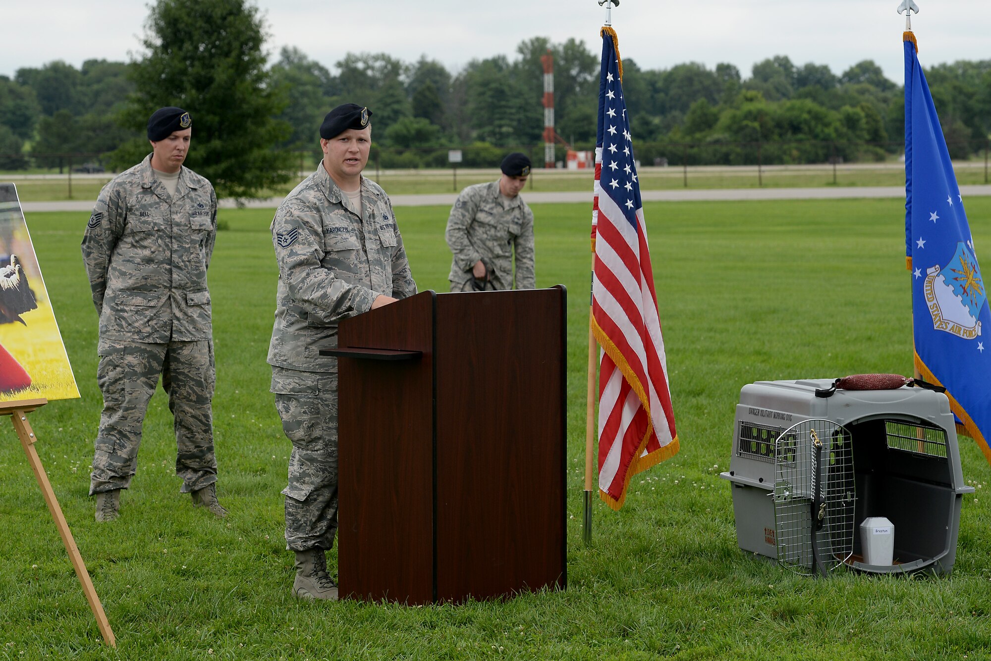 Military Working Dog Breston, a 9-year-old Belgian Malinois, was honored during a memorial service July 9, 2015, at Scott Air Force Base, Ill. The canine received was laid to rest June 18, 2015 after serving  eight years and six months in the Air Force, including a deployment to Afghanistan. (U.S. Air Force photo/ Airman 1st Class Kiana Brothers)