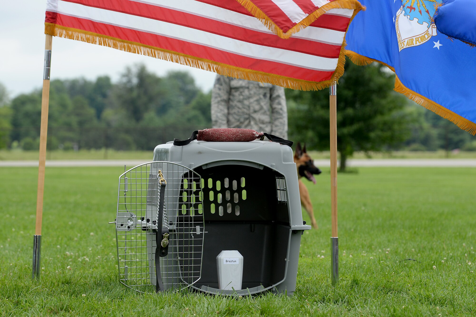 The 375th Security Forces Squadron military working dog section hosted a memorial service for Military Working Dog Breston. He was put down June 18, 2015, due to health issues at the Scott Air Force Base veterinary clinic. Breston was a patrol and drug detector dog who served in Afghanistan. He was set to retire in July, but was diagnosed with cancer June 18. (U.S. Air Force photo/ Airman 1st Class Kiana Brothers)