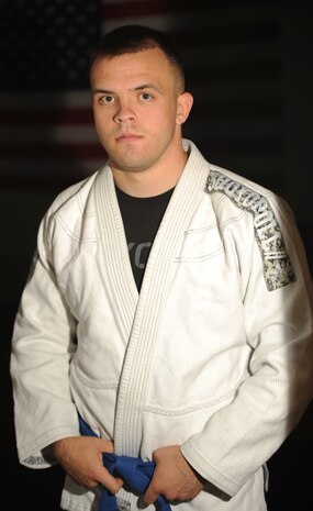 Airman 1st Class Larry, 48th Intelligence Squadron mission system technician, poses in a Brazilian Jiu Jitsu outfit at Beale Air Force Base, California, July 7, 2015. (U.S. Air Force photo by Airman Preston L. Cherry)
