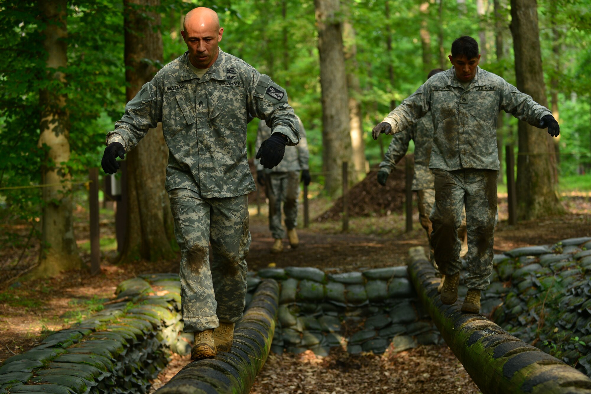 U.S. Army Soldiers assigned to the 128th Aviation Brigade 1st-210th Aviation Regiment walk across logs during the Highlander Challenge at Fort Eustis, Va., July 13, 2015. The challenge tested the unit’s ability to work in teams as well as individual physical fitness. (U.S. Air Force photo by Staff Sgt. Natasha Stannard/Released)

