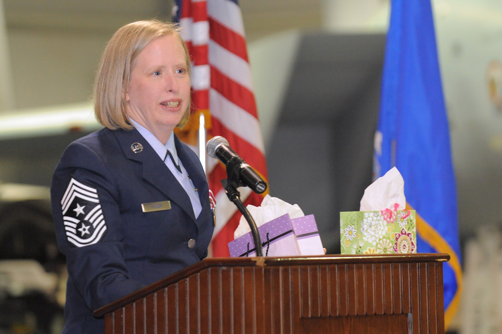 Chief Master Sgt. Rhonda K. Miller speaks during her retirement ceremony July 14 at the Hill Aerospace Museum. Chief Miller culminated her nearly 27-year career as the 75th Air Base Wing’s command chief master sergeant. (U.S. Air Force photo by Todd Cromar)