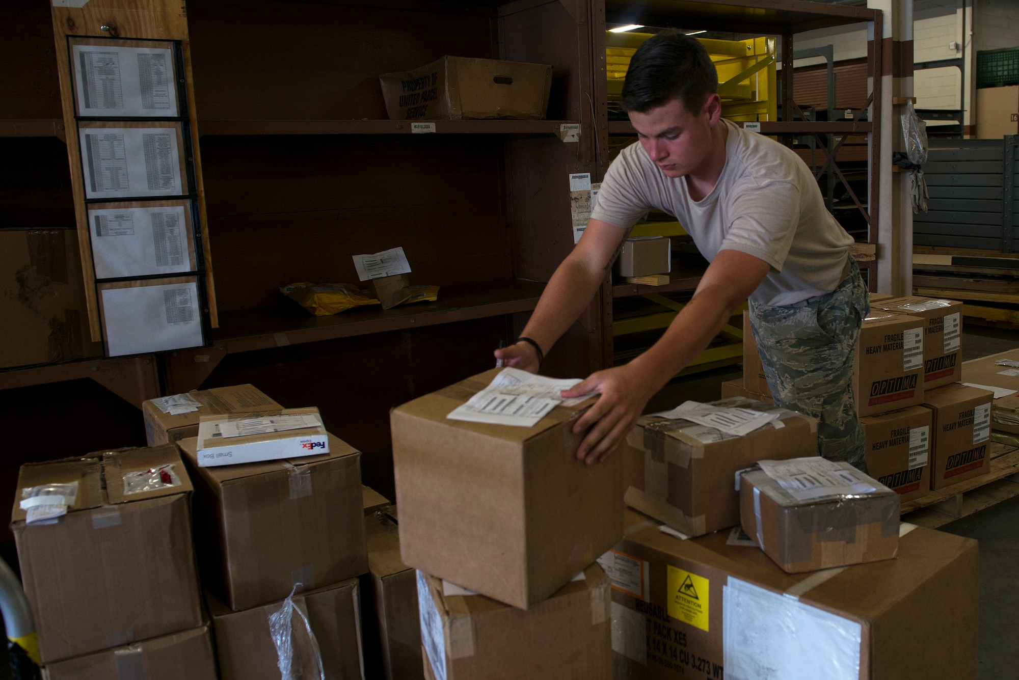 U.S. Air Force Airman 1st Class Joseph Green, 23d Logistics Readiness Squadron vehicle operator, sorts packages July 8, 2015, at Moody Air Force Base, Ga. The traffic management cargo-movement warehouse documents all packages received and sent for accountability purposes. (U.S. Air Force photo by Airman 1st Class Kathleen D. Bryant/Released)
