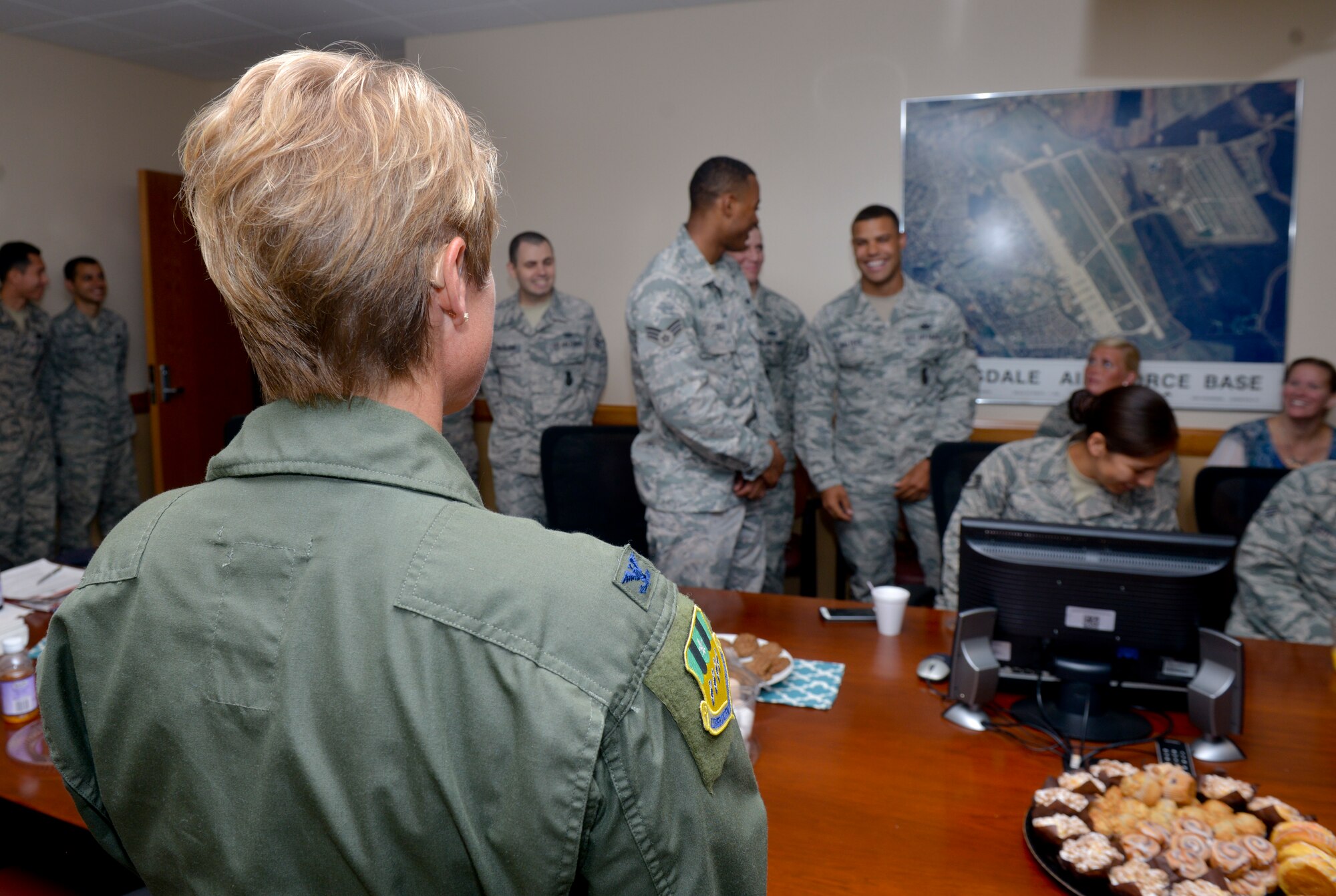 Col. Kristin Goodwin, 2nd Bomb Wing commander, speaks to 2SFS Airmen returning home from a six-month deployment in support of Operations Inherent Resolve and Freedom’s Sentinel at Barksdale Air Force Base, La, July 14. Goodwin asked Airmen about their deployment experiences and shared some of her experiences. (U.S. Air Force photo/Airman 1st Class Mozer O. Da Cunha)