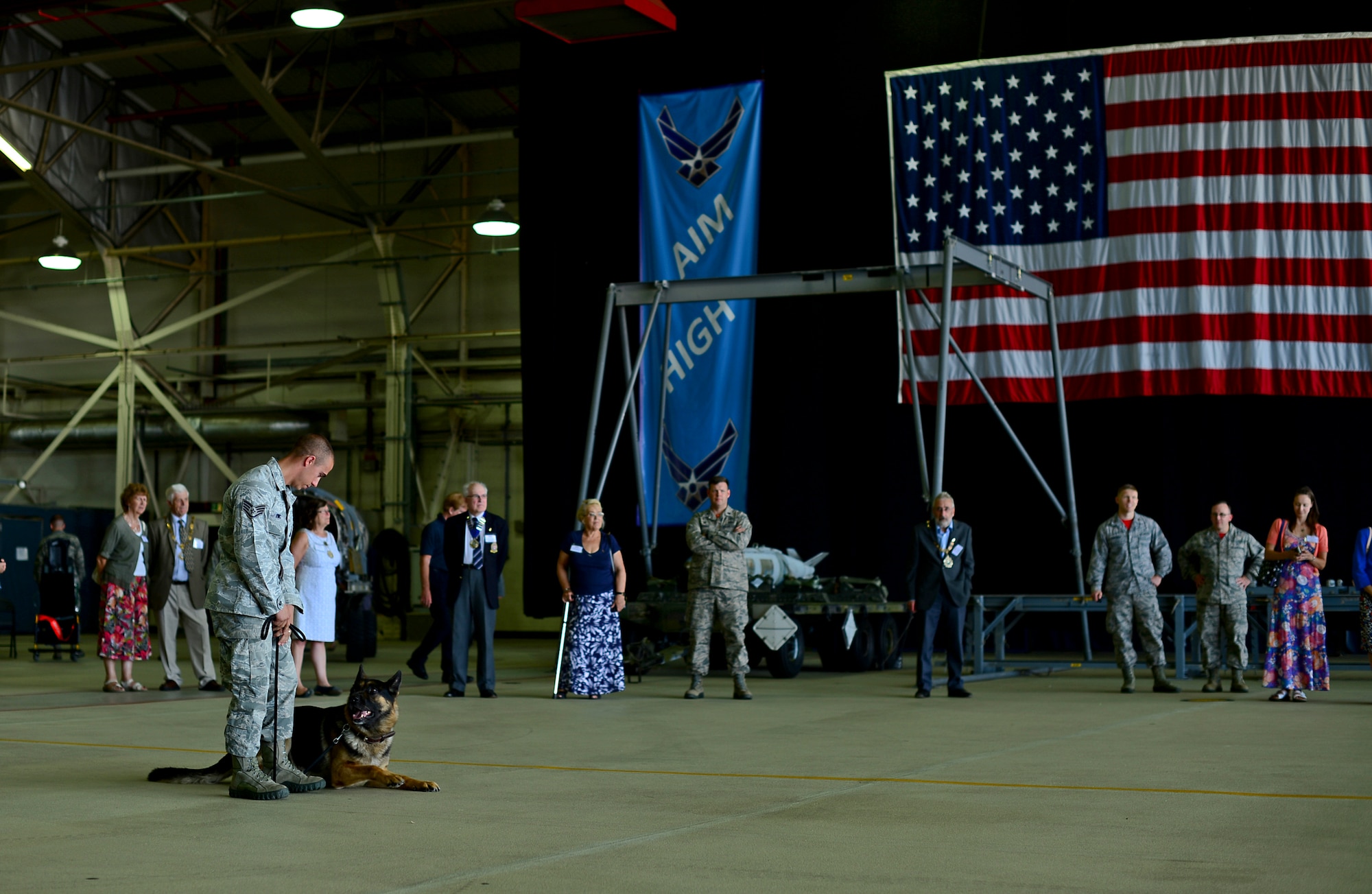 A 48th Security Forces Squadron Airman performs a military working dog demonstration during an Honorary Commanders summer reception at Royal Air Force Lakenheath, England, July 10, 2015. Honorary Commanders and local British dignitaries witnessed a birds of prey and military working dog demonstration and several unit displays, providing Airmen the opportunity to interact with key leaders and local British dignitaries. (U.S. Air Force photo by Senior Airman Erin O’Shea/Released)