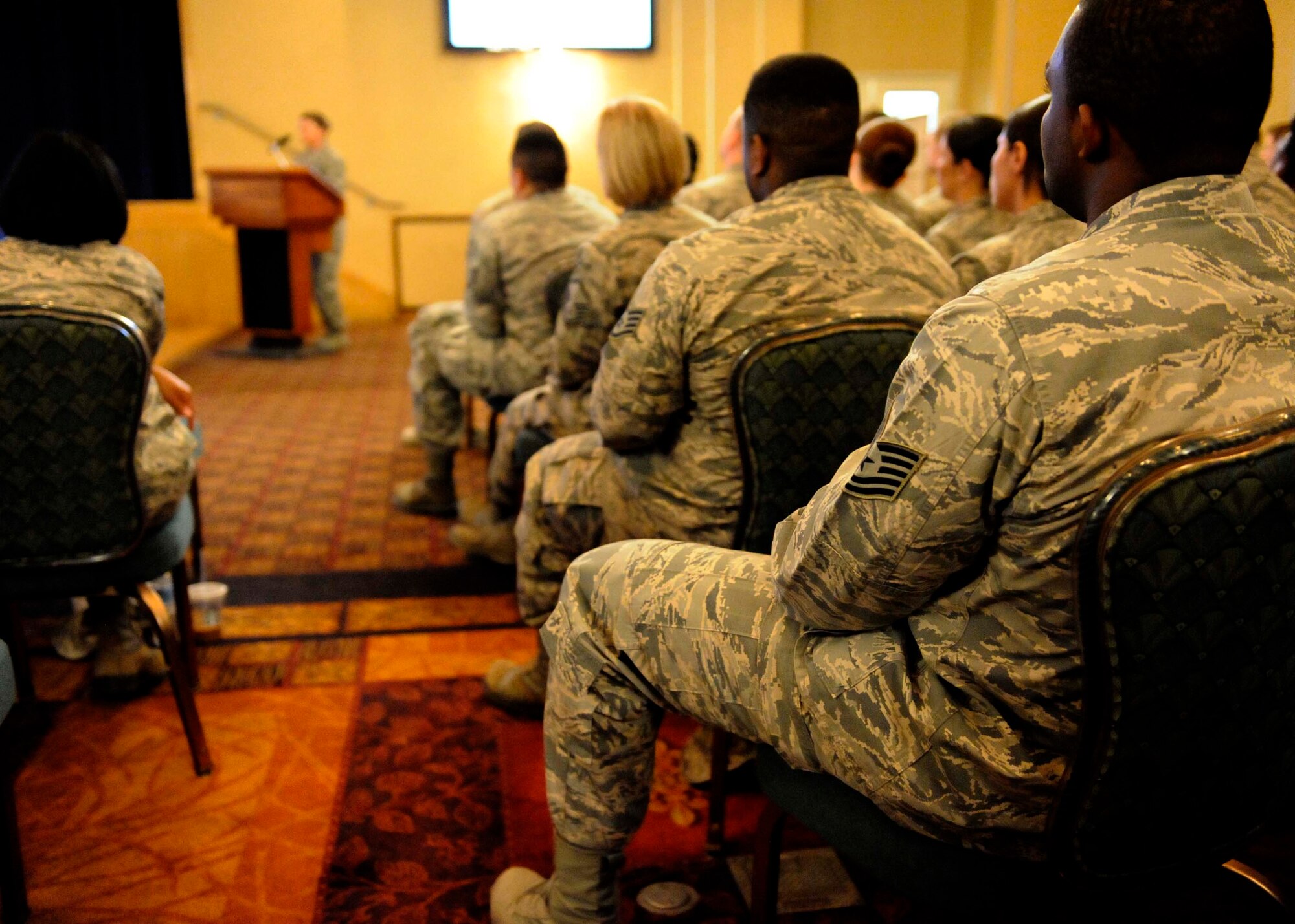 Airmen attend an Enlisted Evaluation System and Weighted Airman Promotion System road show at Misawa Air Base, Japan, July 15, 2015. Significant changes have been made to the ESS/WAPS and subject matter experts took the opportunity to visit bases around the Air Force to provide details as well as answer questions. (U.S. Air Force photo by Staff Sgt. Tong Duong/Released)