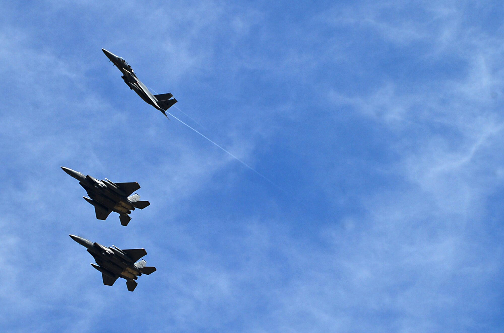 Three F-15E Strike Eagles conduct daily operations during an Honorary Commanders summer reception at Royal Air Force Lakenheath, England, July 10, 2015. The reception allowed local dignitaries and British leaders the chance to visit the base to encourage continual partnership between key leaders of the local civilian and military communities. (U.S. Air Force photo by Senior Airman Erin O’Shea/Released) 