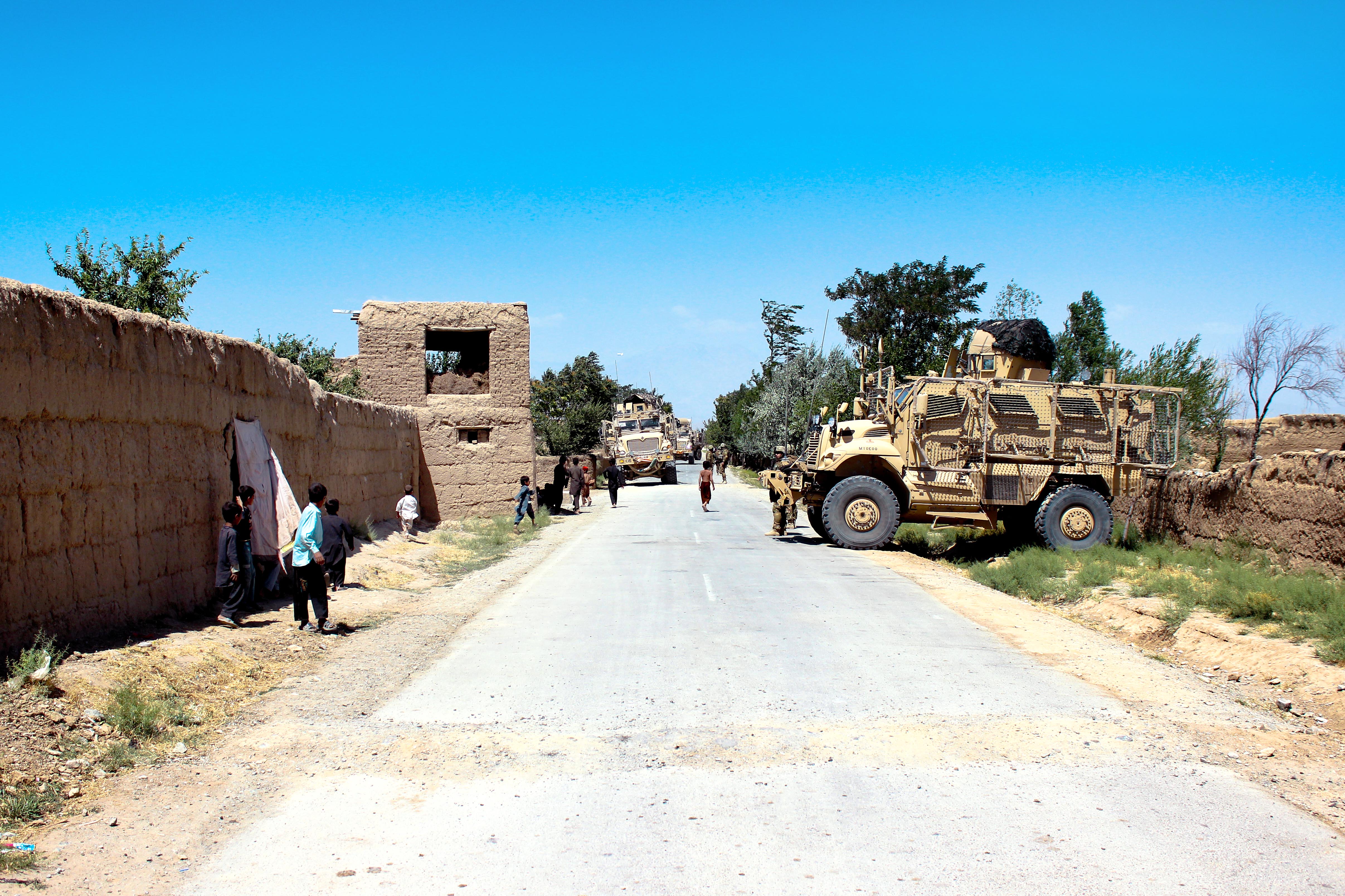 U.S. Marines and Georgian soldiers line a road with mine-resistant ...