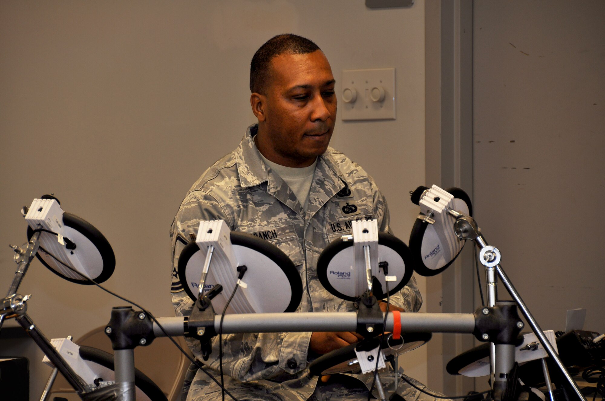 Master Sgt. James Branch, 94th Airlift Wing public affairs, plays the drums during the unit training assembly chapel service July 12, 2015, at Dobbins Air Reserve Base, Ga. The chapel leads monthly traditional Protestant services and visits regularly with Airmen around the base. (U.S. Air Force photo/ Senior Airman Daniel Phelps)