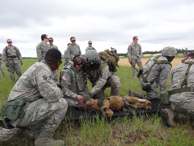 Soldiers and Airmen participate in a medical evacuation simulation for an injured working dog on Fort McCoy, Wis., June 15, during Global Medic. Global Medic is the premier medical portion of the 78th Training Division’s Combat Support Training Exercise (CSTX) 78-15-02, which is the largest U.S. Army Reserve exercise, with more than 10,000 service members. (U.S. Army photo by Lt. Col. Tracy Schmitt, 993rd Medical Detachment/Released)