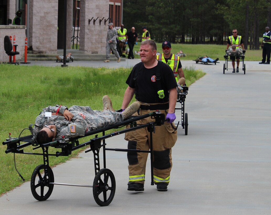 The 81st Regional Support Command participated in a mass casualty exercise on Fort Jackson, S.C., April 7, 2015 which involved the Fort Jackson and local community. After the Richland County Sheriff’s Department Special Response Team cleared the building, victims from the active shooters were triage and evacuated by Fort Jackson and Columbia medical personnel and firemen to several hospital around the Fort Jackson and Columbia area.