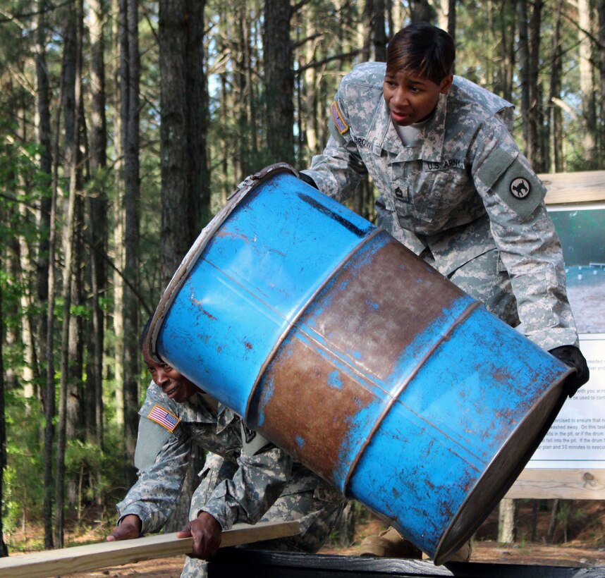 Master Sgt. Tomeka Brown approaches an obstacle at the Teamwork Development Course on Fort Jackson, S.C., April 24, 2015, during the 81st Regional Support Command's annual training. At the 81st RSC, Brown is responsible for providing administrative support and guidance to Active Guard Reserve and Active Component Soldiers within the southeast region, which includes reviewing and processing junior enlisted promotion packets.