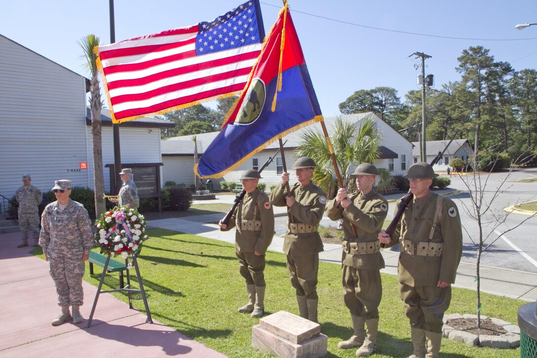 The 81st Regional Support Command held a memorial ceremony on May 7 at Fort Jackson, South Carolina to honor nine World War One Soldiers who were killed in a train wreck at then-Camp Jackson on May 10, 1918. Those Soldiers were in the 321st Infantry Regiment of the 81st Infantry Division and were part of an advance party on the way to Camp Sevier in Greeneville, South Carolina when the engine, the baggage car and two of the passenger cars likely slipped a switch and fell approximately 35 feet from the trestle as they were crossing it. Five died in the crash, two died while being pulled from the wreckage and two died at the hospital. Pictured here is the 81st RSC World War One Historical Color Guard.