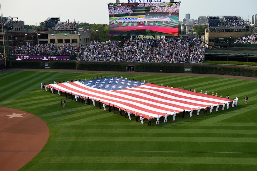 Download wallpapers Chicago Cubs flag, MLB, blue red metal