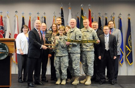 Members of the 88th Regional Support Command, led by Maj. Gen. Karen LeDoux, stand with James Balocki, command executive officer of the Army Reserve, after being officially awarded as the overall Army Reserve winner of the 2015 Army Community of Excellence competition during a ceremony hosted at the National Guard Bureau in Arlington, Va., April 29. The ACOE Award honors the top Army, National Guard and Army Reserve installations which have achieved the highest levels of excellence in building a quality environment, outstanding facilities and superior services. From left to right stands: Rebecca Westphal, 88th RSC budget analyst; James Balocki, Army Reserve command executive officer; Charles Hudson, 88th RSC chief of staff; Alexa Law, 88th RSC future ACOE examiner; Thomas Helgeson, 88th RSC human resources director; Maj. Gen. Karen LeDoux, 88th RSC commanding general; Gina Barton, 88th RSC ACOE examiner; Command Sgt. Maj. David Unseld, 88th RSC command sergeant major; Brig. Gen. R.A. Bassford, 88th RSC deputy commanding general; Gary Talbot, 88th RSC ACOE examiner; Steven Keivel, 88th RSC ACOE examiner; and Anthony Paskvan, 88th RSC examiner.