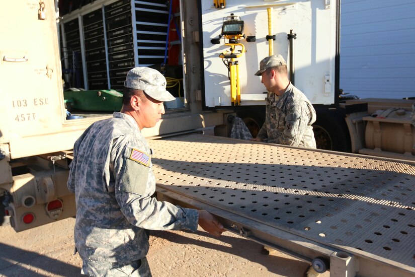Soldiers with the 353rd Transportation Company prepare a truck for movement during the company's convoy operation from Buffalo, Minn.,  to Camp Roberts, Calif. The convoy operation began July 9 and moved 44 Soldiers and more than 20 cargo-laden military vehicles more than 2,000 miles cross-country as part of an annual training initiative known as Nationwide Move. The 353rd Transportation Company's westward trek not only provided training for its Soldiers, but also practical logistics support to its sister unit, the 322nd Maintenance Company, which will be conducting its annual training in California. (US Army  Photo by Sgt Victor Ayala, 210th MPAD)