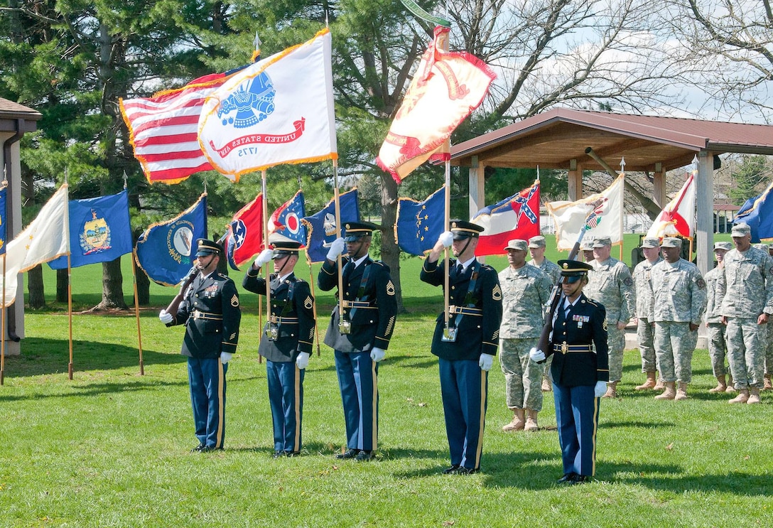 U.S. Army Support Activity-Dix Color Guard Soldiers participate in the Army Reserve’s 107th birthday celebration April 23 hosted by ASA-Dix and the 99th Regional Support Command on Joint Base McGuire-Dix-Lakehurst, N.J.