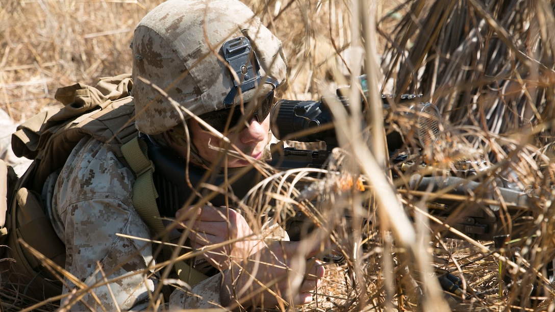 U.S. Marine Lance Cpl. William Fontana sets up a defensive position after securing an objective during an amphibious assault at Fog Bay, Australia, June 11, 2015. The Marines with Company G, Battalion Landing Team 2nd Battalion, 5th Marines, 31st Marine Expeditionary Unit, and Australians with 2nd Battalion, Royal Australian Regiment, conducted an aerial insertion in support of an amphibious assault, and moved inland to secure additional objectives as part of Talisman Sabre 2015.  Talisman Sabre is a biennial exercise designed to improve the interoperability between Australian and U.S. forces. The 31st MEU is taking part in the exercise while deployed on its regularly scheduled Fall Patrol of the Asia-Pacific region. Fontana, a machine gunner with Golf Co., BLT 2/5, 31st MEU, is from Middletown, Delaware. 