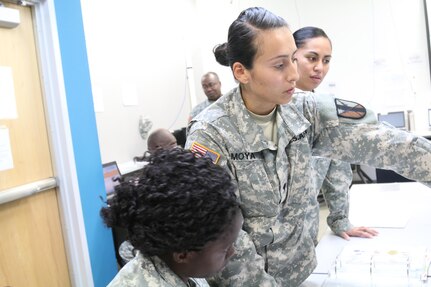 Spc. Donna C. Moya, a human resources specialist in the 303rd Maneuver Enhancement Brigade, instructs a junior Soldier on how to conduct human resource operations during exercise Imua Dawn at Sagami Depot, Japan. The Imua Dawn exercise will be the culminating training event for the 303rd MEB to achieve full operational capability status in phase 3 operations.